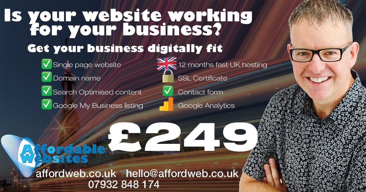 AffordwebUk's tweet photo. ✅ Domain name registered in your name for 12 months
✅ 12 months fast UK 🇬🇧 hosting
✅ Setup with content, images,
✅ SSL 🔒 Certificate,
✅ Google Maps
✅ Listed on "Google my Business" #northwesthour #buckshawhour https://t.co/bdEaBHnPO6