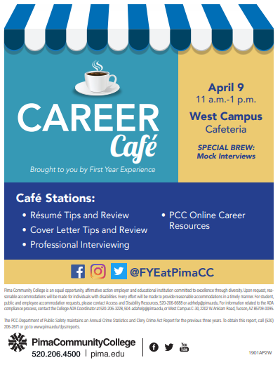 PimaFYE's tweet photo. Something #HOT is brewing at #WCCareerCafe 

Join us next week at 11am - 1pm on April 9 in the Cafeteria. #CoverLetters #Resumes #Interview #JobSeekingSkills #CareerExploration Free #coffee &amp; #Prizes from FYE at PimaCC &amp; Follett Counts for #FYEpassportPCC #FYEWorkshop #Belonging https://t.co/03mdmVpLua
