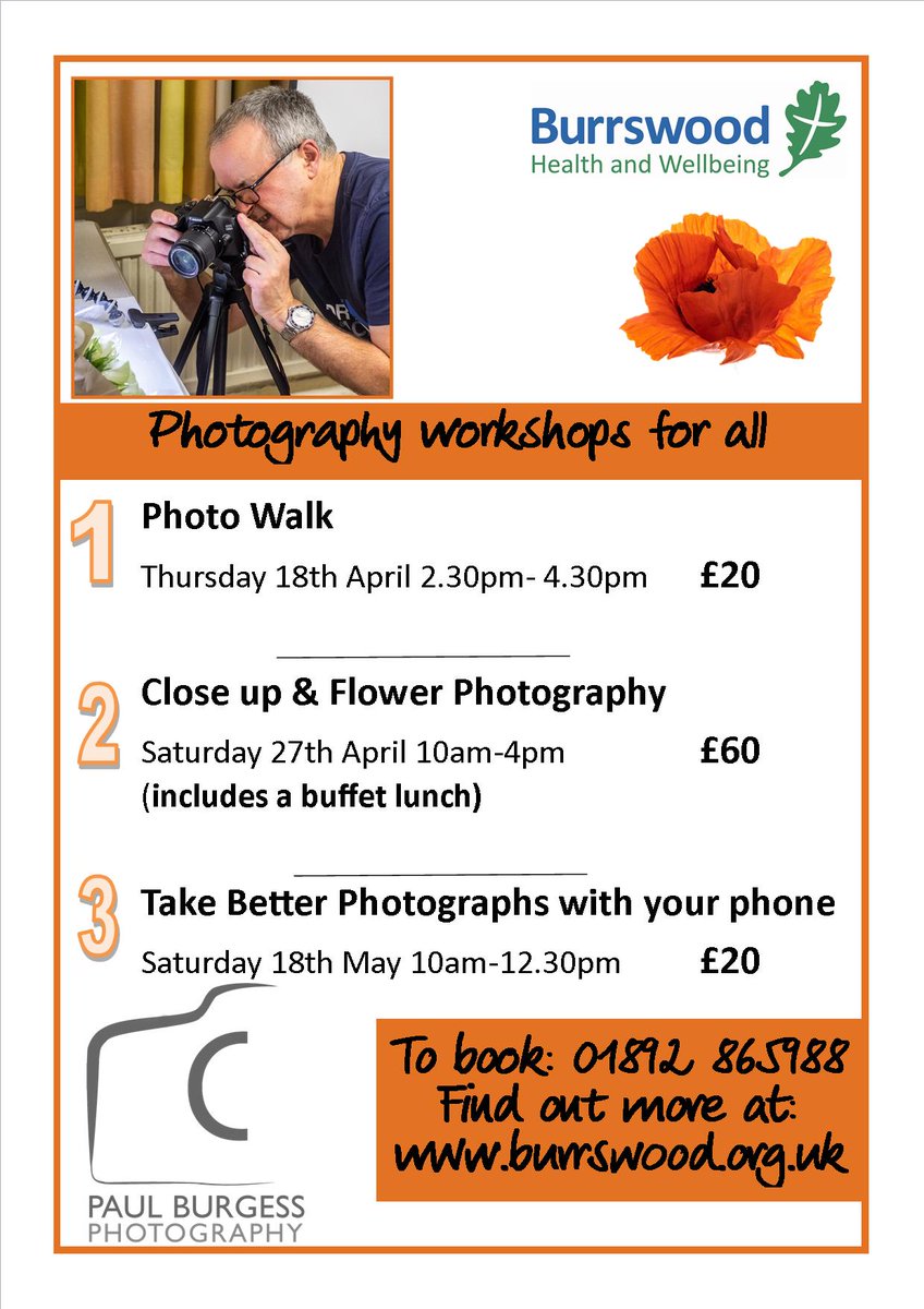 Photography Workshops at Burrswood with Paul Burgess
April 18th 2hrs Photo Walk
April 27th All day close up and flower photography
May 18th 2.5 hrs Take Better Photos with your phone
#photography #workshops #learn #hobbies 
burrswood.org.uk/news-and-event…