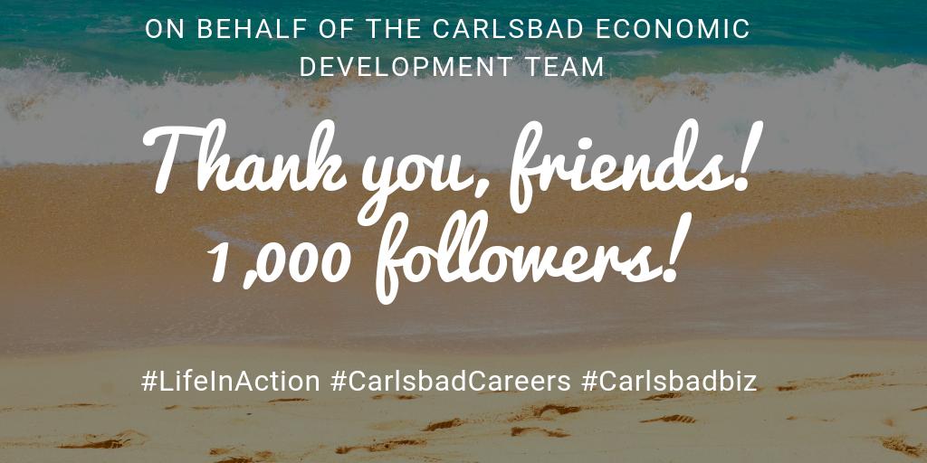 Carlsbadbiz's tweet photo. We made it! 1,000 followers! We love sharing amazing news from #Carlsbad businesses, working with our partners to strengthen the regional economy and showing off why working here means awesome #CarlsbadCareers and living a #LifeInAction. We're happy you're along for the ride!🏄‍♀️🚵‍♂️ https://t.co/LLh3CaGUXq