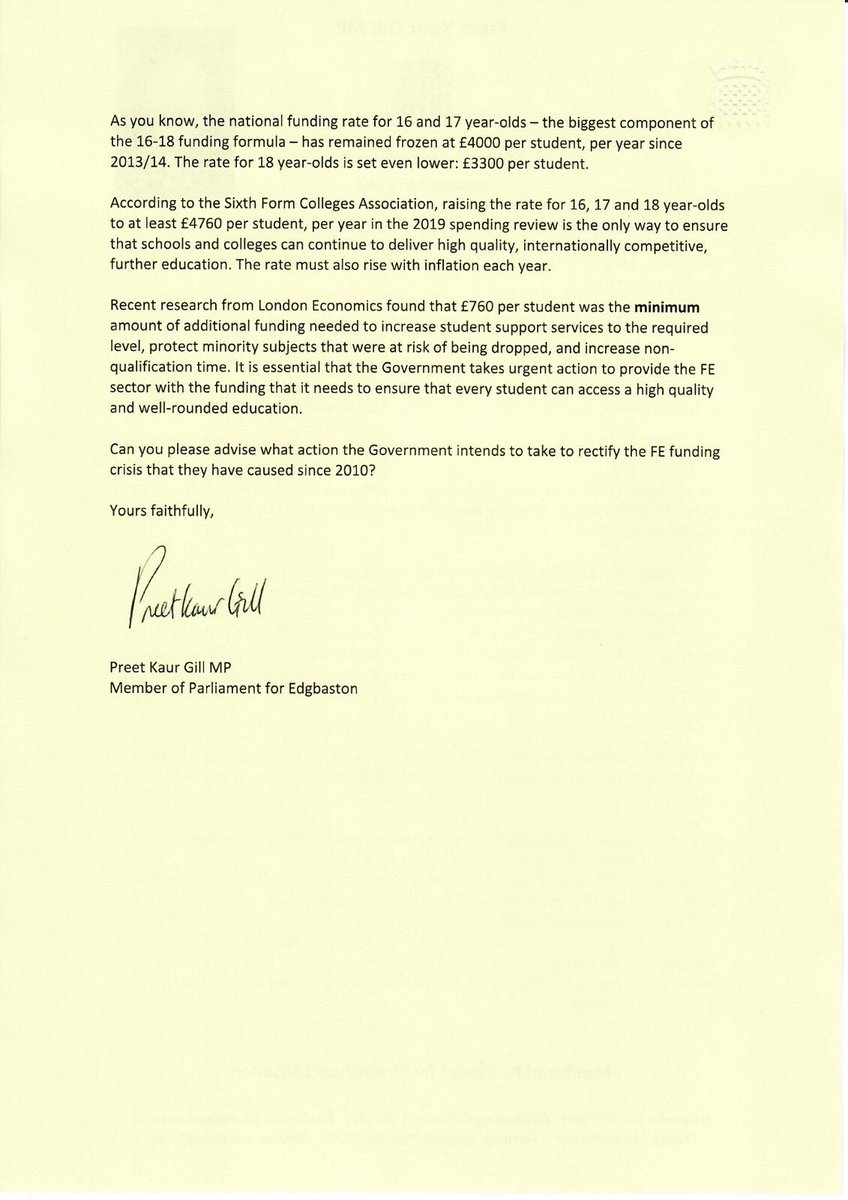 PreetKGillMP's tweet image. 📄READ: My letter to Sec. of State for Education on the need for more funding for Further Education institutions. FE institutions have suffered severe funding cuts since 2010 with cuts averaging 30%. #FEfunding is in crisis &amp;amp; the Gov. needs to take urgent action. #RaiseTheRate