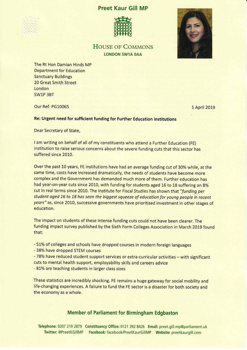 PreetKGillMP's tweet image. 📄READ: My letter to Sec. of State for Education on the need for more funding for Further Education institutions. FE institutions have suffered severe funding cuts since 2010 with cuts averaging 30%. #FEfunding is in crisis &amp;amp; the Gov. needs to take urgent action. #RaiseTheRate