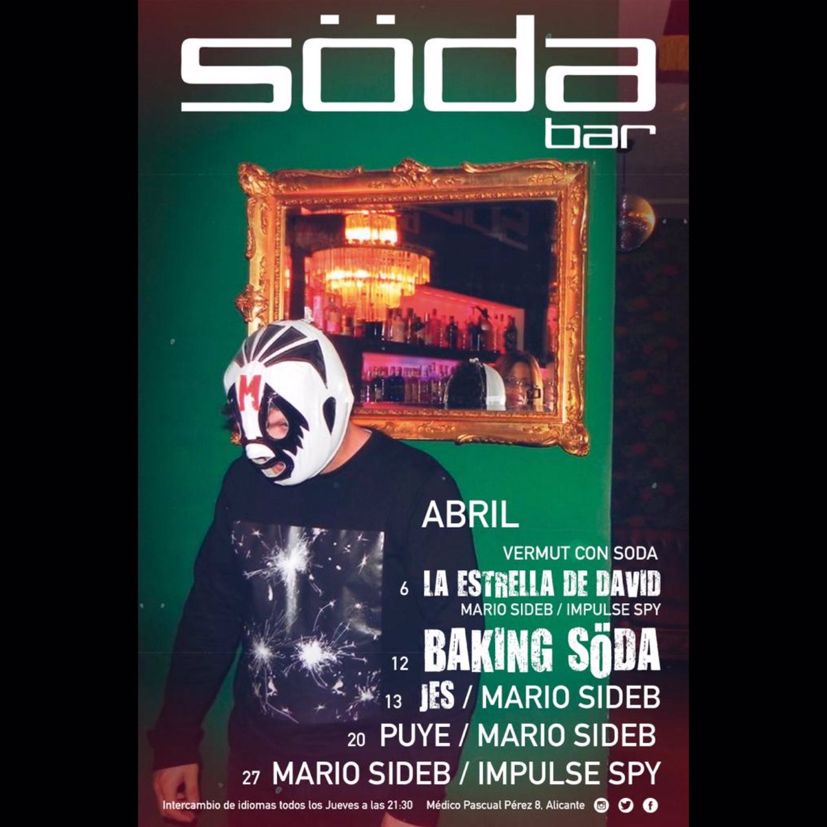 A B R I L. Primavera verde que te quiero verde. 

Modelo: Puye Andreu
Foto: Patri Gómez 
Diseño: Iván Ortega 
#diseño #foto #cartel #djs #livemusic #vermutconsoda #idiomas #bar #beer #bakingsoda #club #indie #pop #britpop #alicante