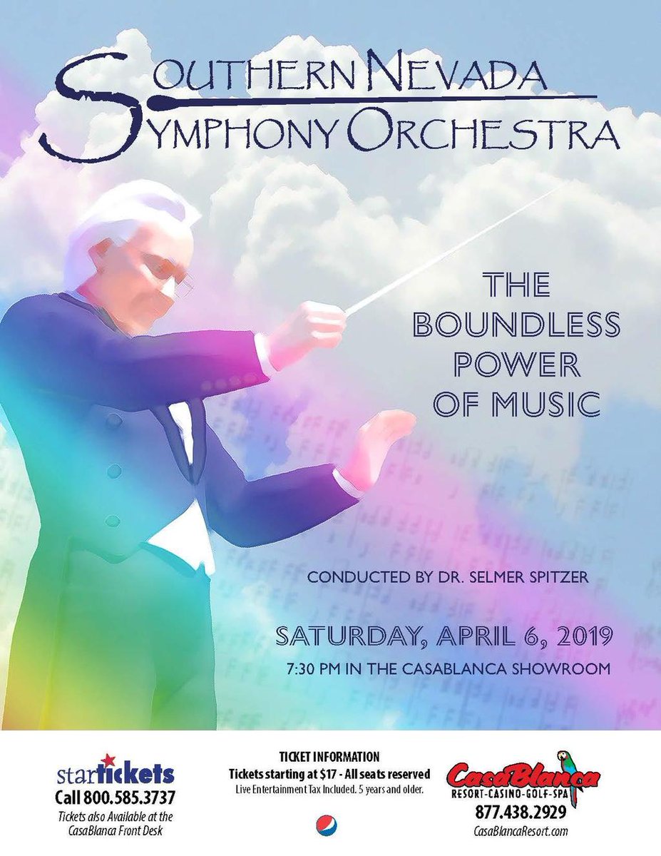 CasaBlancaNV's tweet image. Southern Nevada Symphony Orchestra is back in Mesquite performing "The Boundless Power of Music" on Saturday, April 6.

TIX: bit.ly/2I1sbME