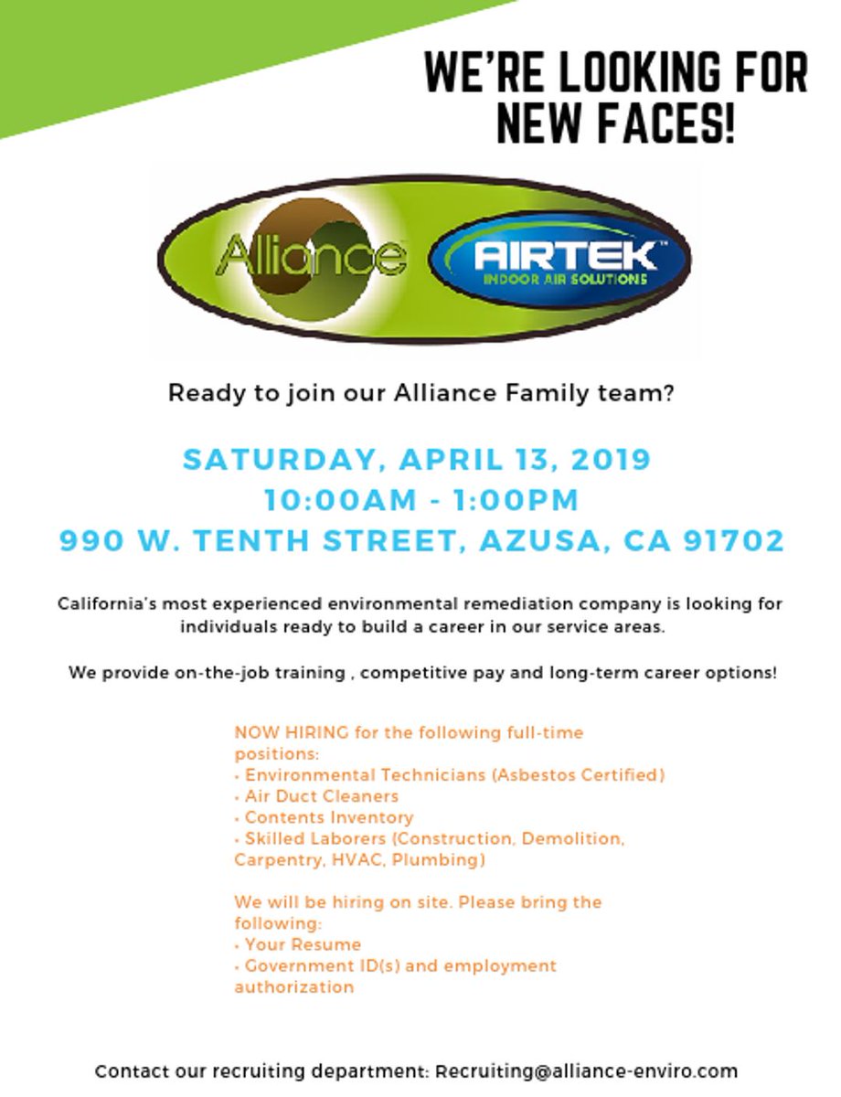AirTekCA's tweet photo. We’re hiring individuals ready to build a career in our services. We provide on-the-job training, competitive pay and long term career opportunities. Join us Saturday, April 13th 2019 from 10am-1pm for on-the-spot interviews at 990 W. Tenth Street, Azusa, CA 91702. #JobFair https://t.co/rMd1dWpbKm