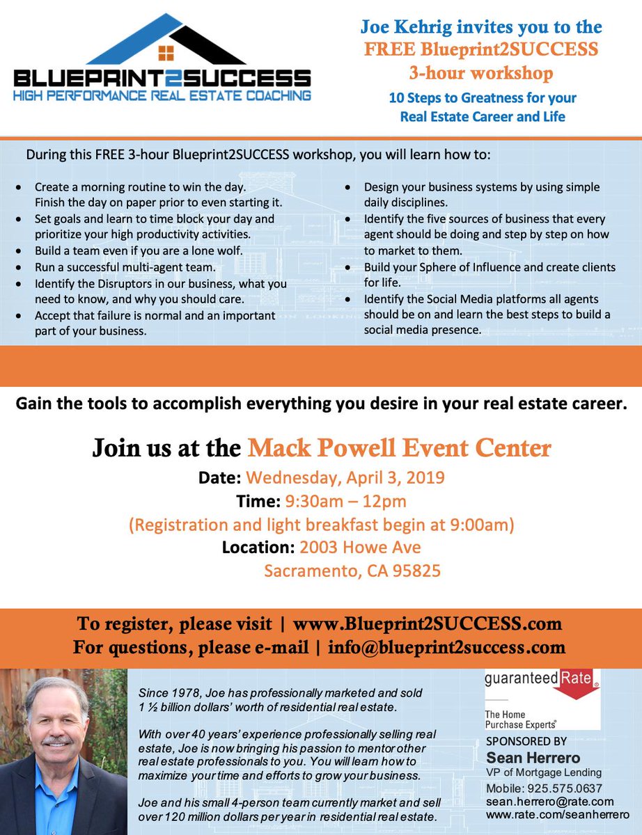 BlueP2Success's tweet photo. Catch the Blueprint2SUCCESS workshop in #Sacramento 4-3-2019. Learn from 120 million dollars per year producer Joe Kehrig. https://t.co/o2S80RgD6T #Blueprint2SUCCESS #B2S
#RealEstateCoaching
#BuildALife #RealEstate #Realtor https://t.co/wxHG9N8qFe