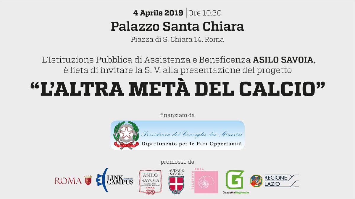 LinkCampus's tweet photo. Giovedì #4aprile a Palazzo Santa Chiara verrà presentato il progetto "L'altra metà del calcio": 17 associazioni sportive dilettantistiche diventeranno promotrici delle pari opportunità e della lotta alle differenze di genere https://t.co/ILlkXlmjB2