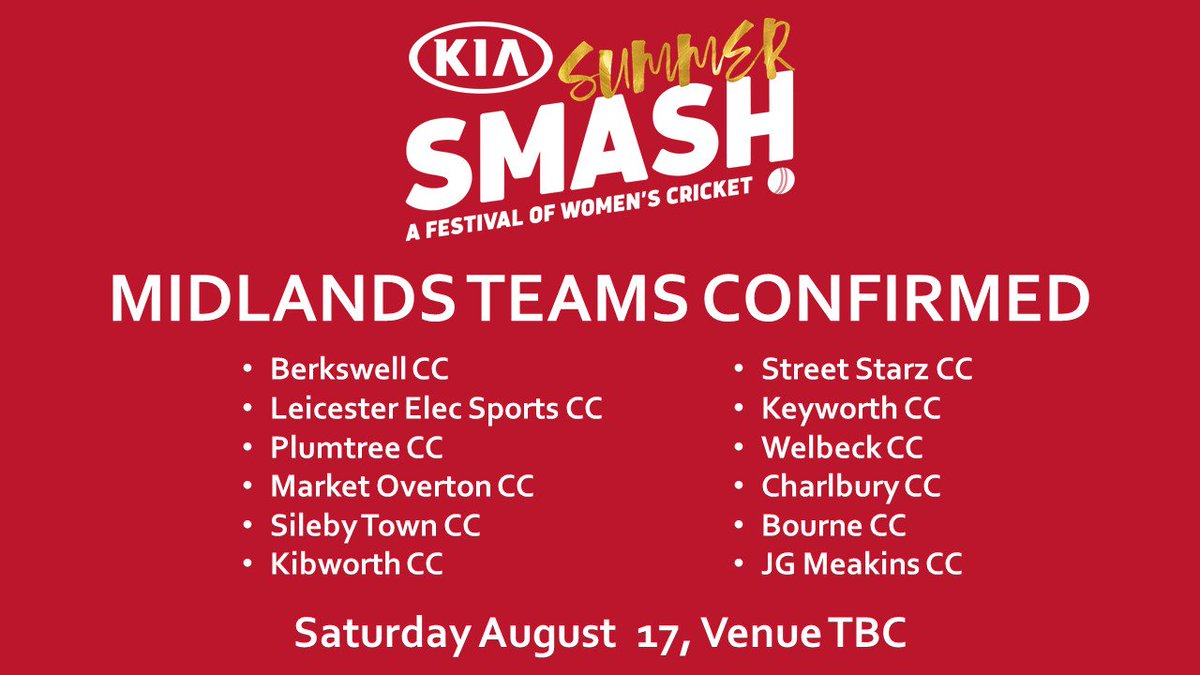 KiaSummerSmash's tweet image. 🚨 MIDLANDS TEAMS ANNOUNCED 🚨

Congratulations to all those teams selected to play in the Midlands festival of the #KiaSummerSmash on Saturday August 17.

Stay up to date on the Midlands festival at kiasummersmash.co.uk/midlands-festi…