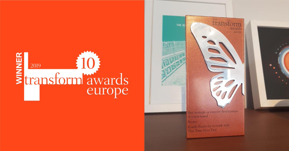 RowdyStudio's tweet photo. Delighted to show off our Bronze Transform Award... so pretty! Very proud to have worked with @TTNY_London, they're a dream client and we've loved helping them build their brand! #Transformeuro #branding #strategy #coworking https://t.co/yjlEFxFTMH