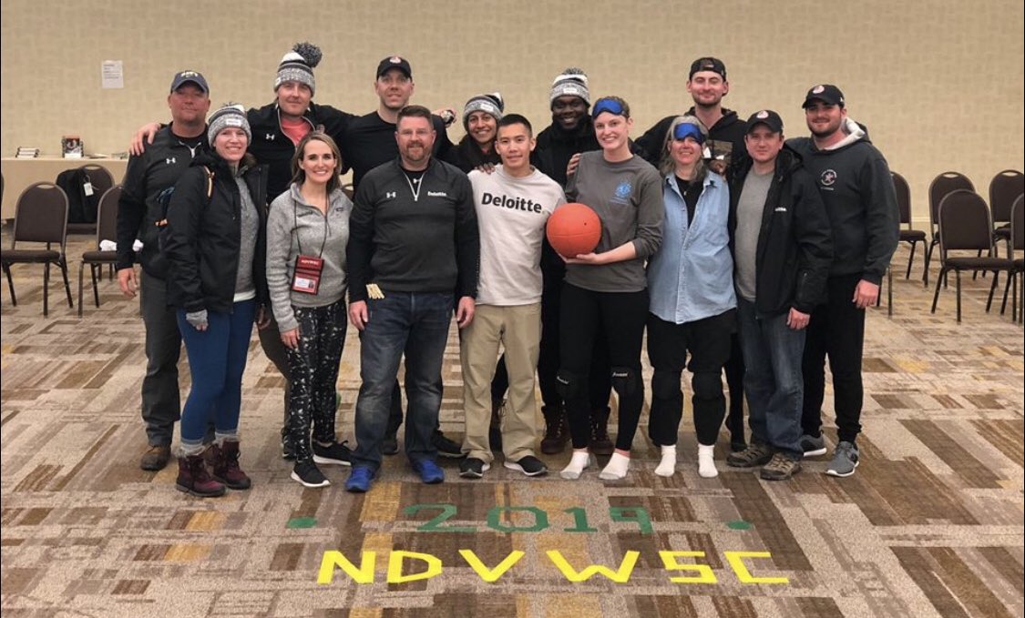 AshMcCabe's tweet photo. Full success for team @DeloitteGov at the #goalball event last night for the #wintersportsclinic. We had a great turnout of #veterans, #families and #caregivers! Thank you to the #alternativeactivities staff for making this event possible! #deloittesupports https://t.co/xFjxPXZSHw