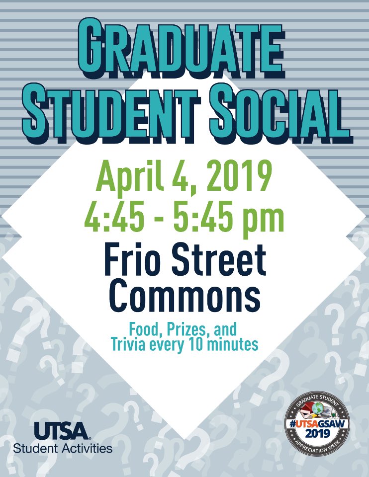 UTSAGetInvolved's tweet photo. ✴️ Don’t forget Graduate Student Social this Thursday at Downtown Campus! ✴️ #getinvolved #utsa #utsagsaw https://t.co/TX48gPX8xc