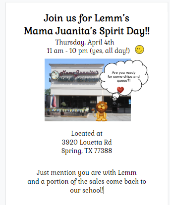 LemmElemPTO's tweet photo. Woo hoo!!  We are having a Lemm Mama Juanita's Spirit Day this Thursday, April 4th!!  Eat anytime btwn 11 am - 10 pm and let them know you are with Lemm! https://t.co/PM8vyC3ZfE