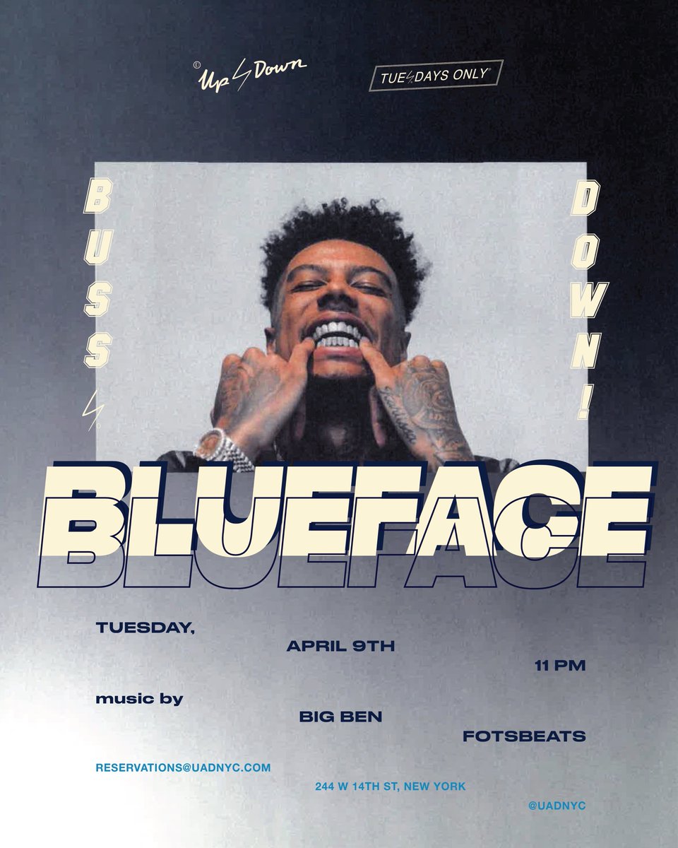 🌪BUSS DOWN🌪 don’t miss special guest <a href="/bluefacebleedem/">blueface</a> next Tuesday with music by @djbigben + <a href="/fotsbeats/">Fotsbeats</a>⚡️ #UADNYC #TuesdaysOnly