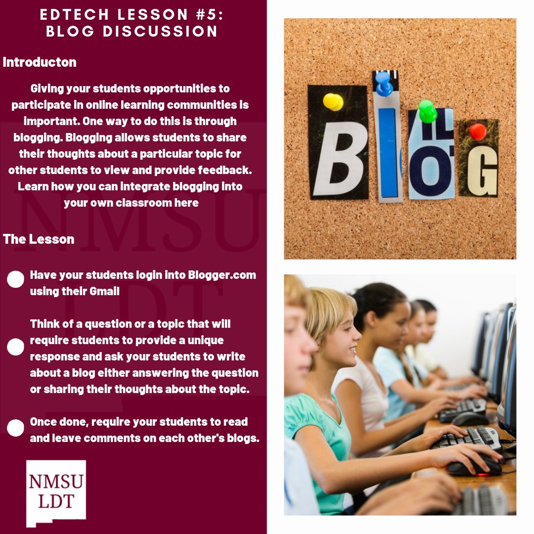 NMSUEDLT's tweet photo. Edtech Lesson 5: Blog Discussion
#NMSULDT I #NMSU I #Blendedlearning I #Edchat I #Education I #Onlinelearning I #Edtech I #edtechlearning I #google | #blogger @drewsworld3 @desertjul https://t.co/jqDEo1opLl
