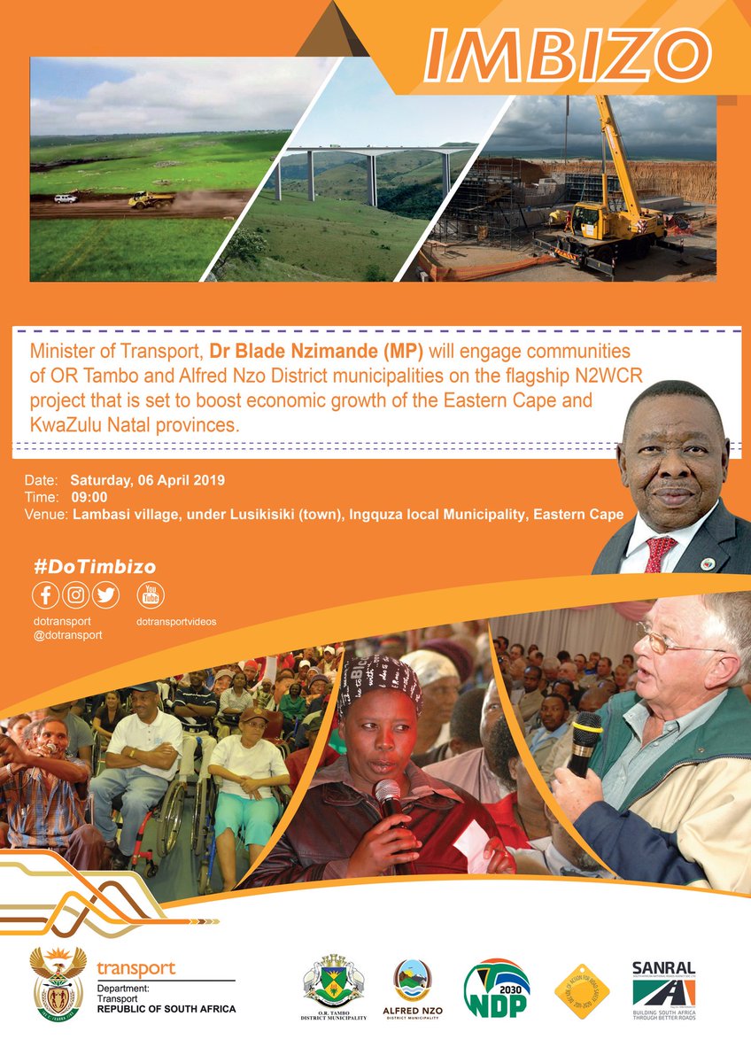 GCIS_ECape's tweet photo. Minister @DrBladeNzimande will engage communities of #ORTambo and #AlfredNzo district Municipalities on the flagship #N2WCR project @SANRAL_za @GovernmentZA @TrafficRTMC @SAgovnews @RAF_SA @_ArriveAlive @rtia_aarto @CBRTA_ZA @ukhozi_fm @UWFM88_106FM @GCIS_ECape https://t.co/hcFelfdmCE