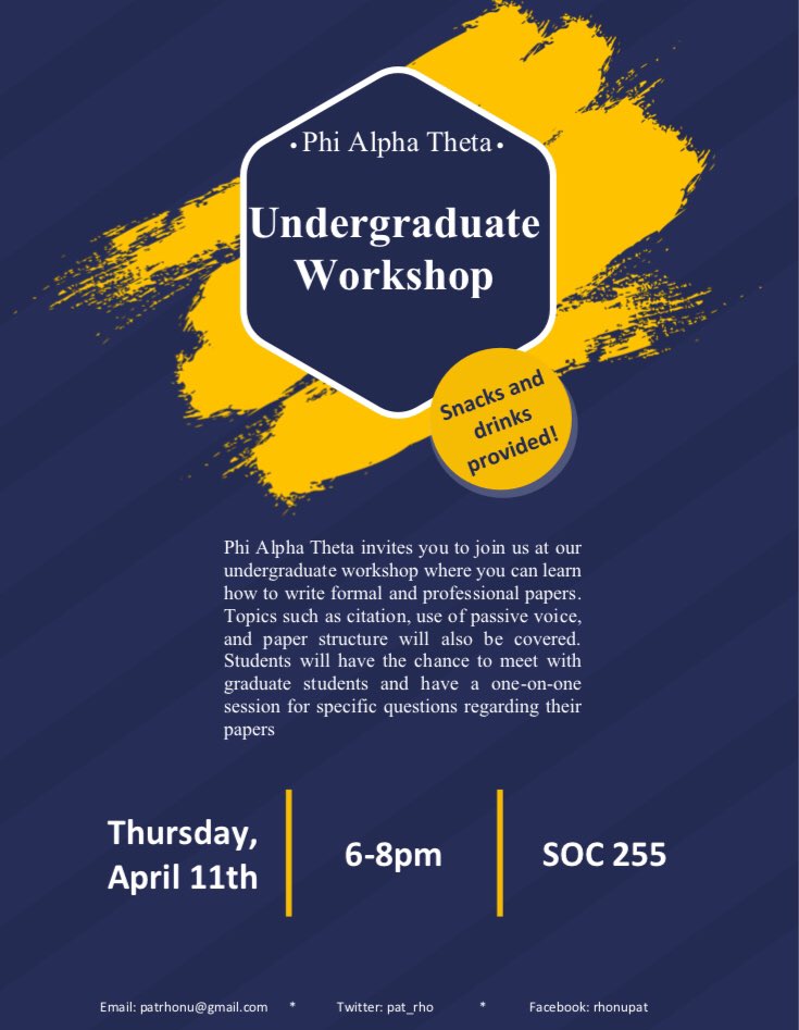 pat_rho's tweet photo. Do you have a paper due soon? Come join us Thursday April 11th for an undergrad workshop where you can get help with your paper. See attached flyer for more info #patrhonu #usfhistory https://t.co/aBQITak0QJ