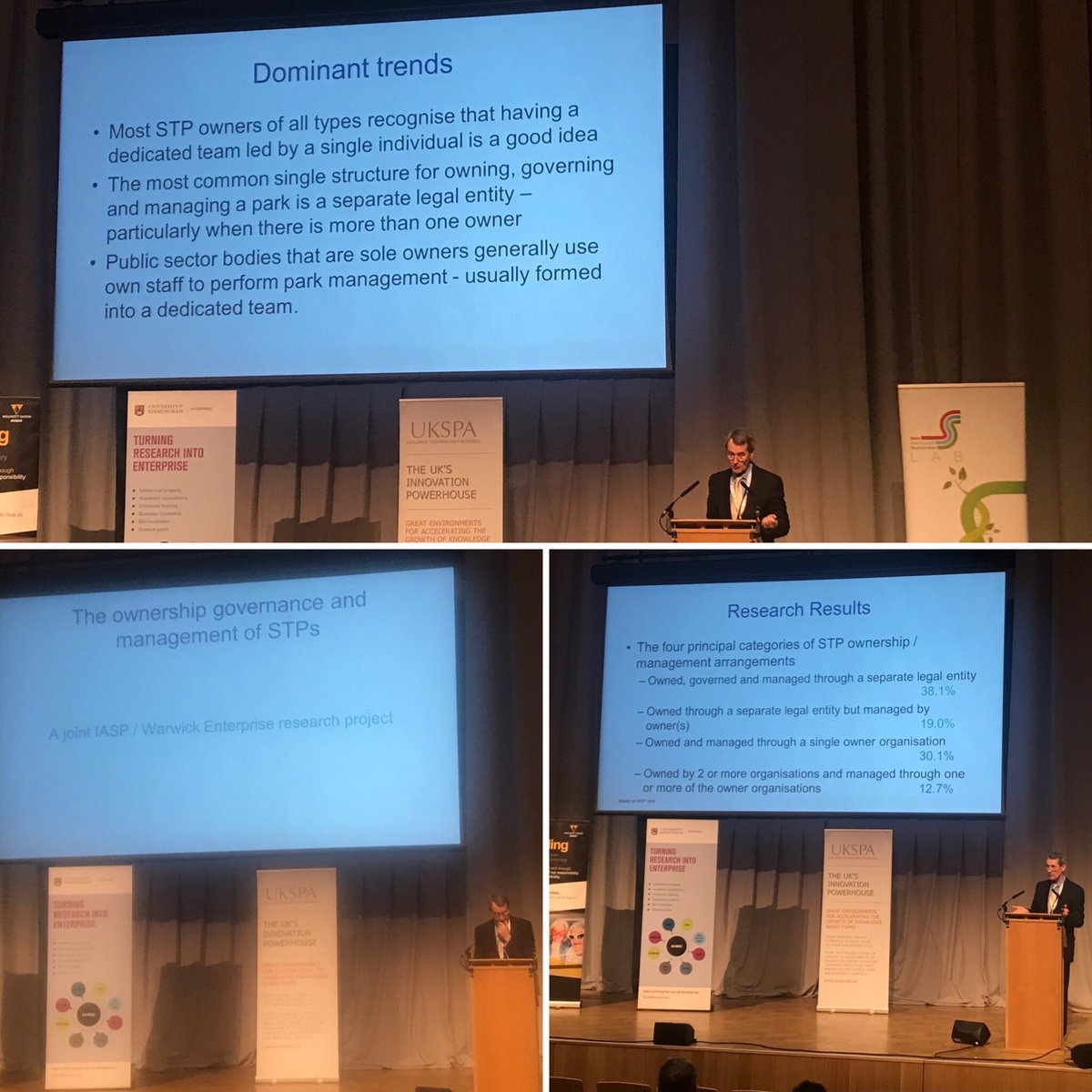 IASPshelley's tweet photo. David Rowe presenting the results from @IASPnetwork / Warwick Enterprise research project on Ownership, Governance &amp; Management of #STPs at @UKSPA conference 2019 https://t.co/bkqEVjaaAF