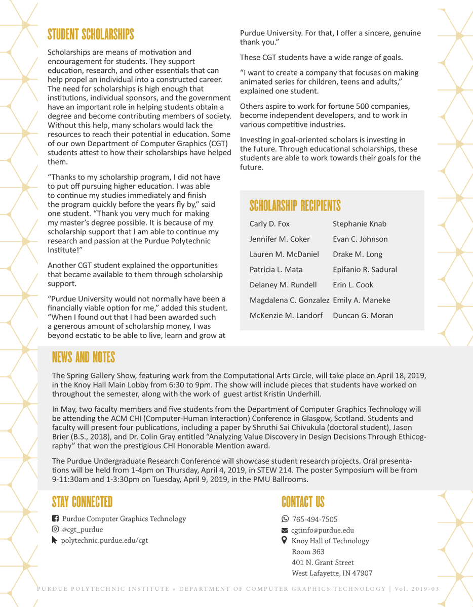 CGT_Purdue's tweet photo. Spring is finally here, and so is the March edition of our newsletter! This month, learn about assistant professor and UX Design program leader Dr. Colin Gray, alumni James He, and one of the CGT organizations, Computational Arts Circle. Thanks to our readers for their support! https://t.co/KcYBkNgWar