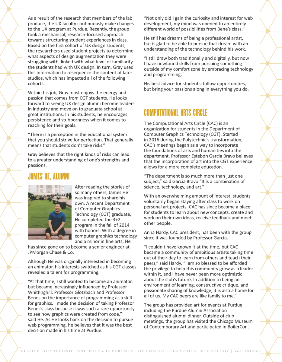 CGT_Purdue's tweet photo. Spring is finally here, and so is the March edition of our newsletter! This month, learn about assistant professor and UX Design program leader Dr. Colin Gray, alumni James He, and one of the CGT organizations, Computational Arts Circle. Thanks to our readers for their support! https://t.co/KcYBkNgWar