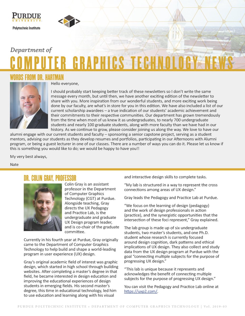 CGT_Purdue's tweet photo. Spring is finally here, and so is the March edition of our newsletter! This month, learn about assistant professor and UX Design program leader Dr. Colin Gray, alumni James He, and one of the CGT organizations, Computational Arts Circle. Thanks to our readers for their support! https://t.co/KcYBkNgWar