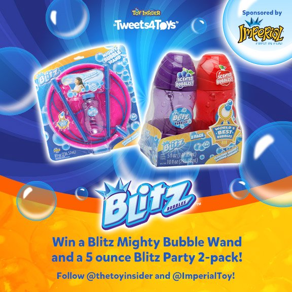 Tweets4Toys with <a href="/TheToyInsider/">The Toy Insider</a> it's Day 2 of Blitz Bubble prizes!!! Join the party now. Did you know... Bubbles
encourage interaction, and offer a great opportunity for children to learn to
send verbal and nonverbal messages about the bubbles. #tweets4toys #blitzbubbleparty