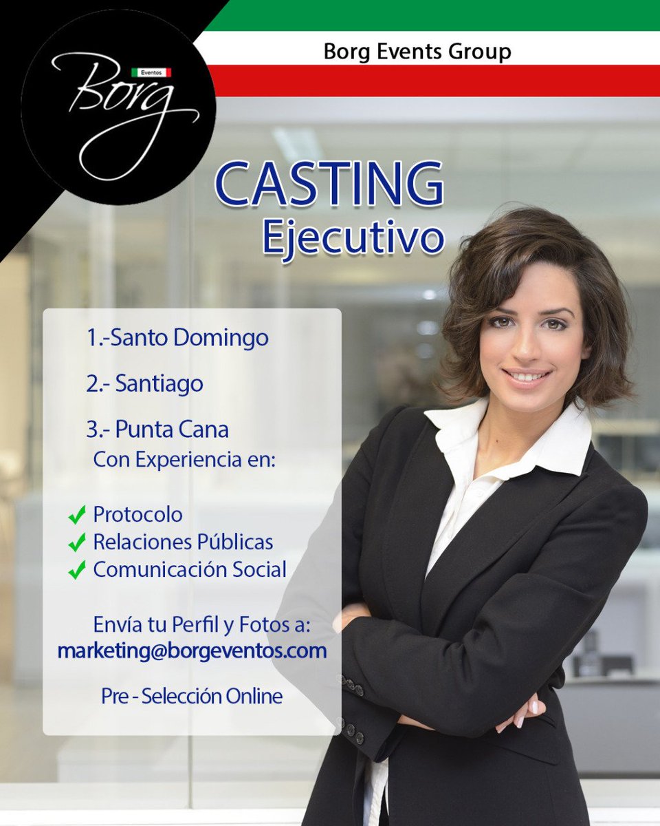EventosBorg's tweet image. Cuentas con una buena imagen y tienes experiencia en Protocolo, Relaciones públicas y Comunicación Social?
 #empleord  #castingejecutivo #protocolo #relacionespublicas #comunicacionsocial #castingrd #imagenrd #eventosrd #santodomingo #santiago #puntacana  #empleo  #felizmartesrd