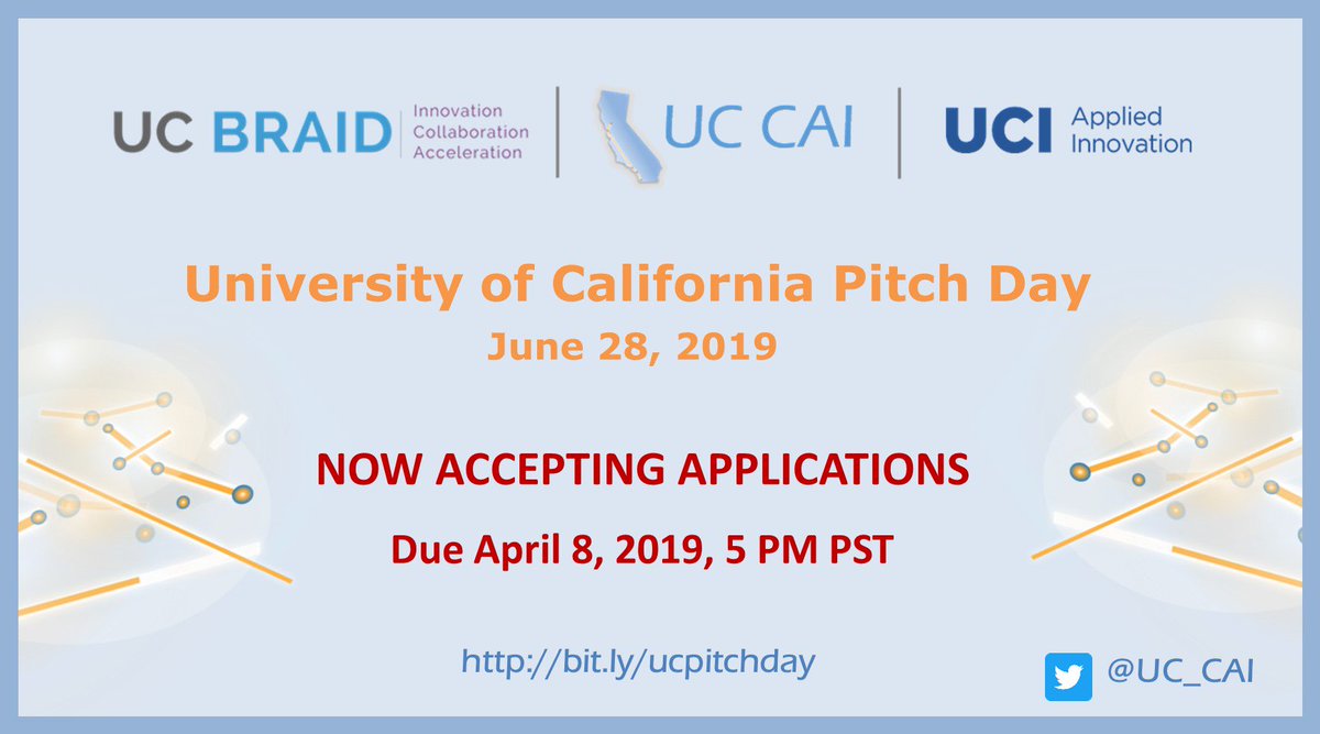 Now accepting applications for UC Pitch Day! UC faculty can apply for a chance to pitch to a group of potential investors.  Apply April 1-8 bit.ly/ucpitchday  <a href="/CTSIatUCSF/">CTSI at UCSF</a> <a href="/UCSF_Catalyst/">UCSF Catalyst</a> <a href="/UCLA_CTSI/">UCLA Clinical and Translational Science Institute</a> @ucsdctri <a href="/UCDavisInnovate/">UC Davis Innovation</a> <a href="/UCICove/">UC Irvine Beall Applied Innovation</a>