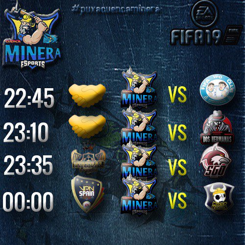 Partidos de hoy:

22'45 Amistoso
#SuperCampeones
Vs
<a href="/CMineraeSports/">ChloeSamba</a> 

23'10 Amistoso
#DosHermanas
Vs
<a href="/CMineraeSports/">ChloeSamba</a> 

23'35 @VLSpainORG
#SgoeSports
Vs
<a href="/CMineraeSports/">ChloeSamba</a> 

00'00 <a href="/VPN_SPAIN/">Virtual Pro Network Spain</a> 
#NightlyValhalla
Vs
<a href="/CMineraeSports/">ChloeSamba</a> 

Buena suerte a todos los rivales
#PuxaCuencaMinera💪💪