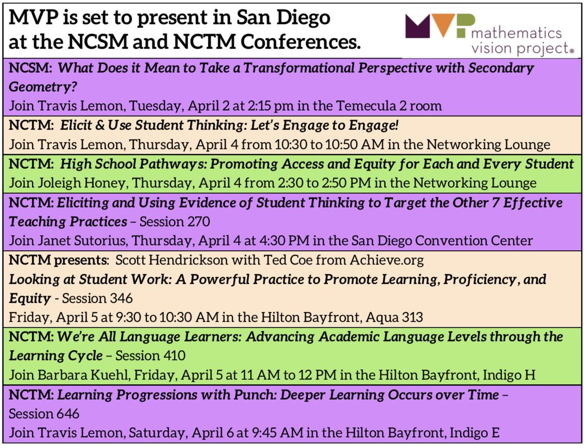 Awesome Conference Sessions Alert!

Our newest partner, <a href="/MVPmath/">Math Vision Project</a>, is presenting at the #NCSM19 and #NCTM19 conferences. Check out these fab learning opportunities!

The first, "What Does it Mean to Take a Transformational Perspective with Secondary Geometry?" is at 2:15 today!
