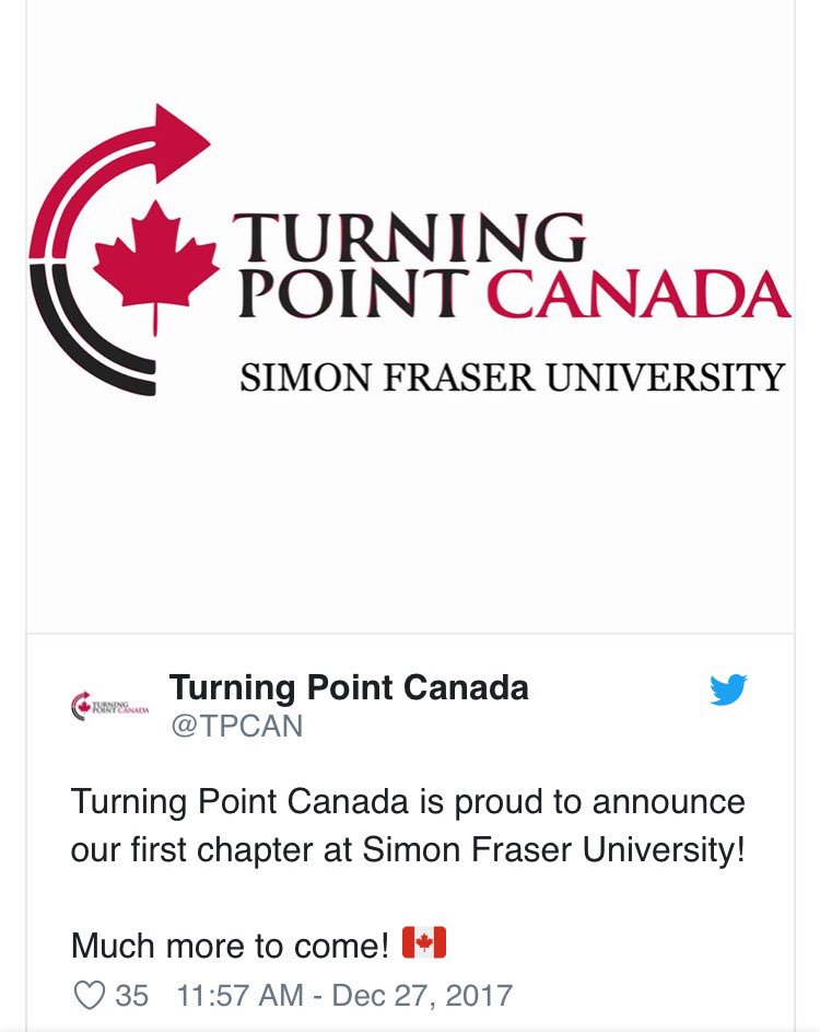 American Far-Right Political Group With Connections to Trump Launches at Simon Fraser Universityright-wing US activist group with connections to Donald Trump is expanding onto Canadian campuses.  https://north99.org/2018/04/05/american-far-right-political-group-connections-trump-launches-simon-fraser-university/