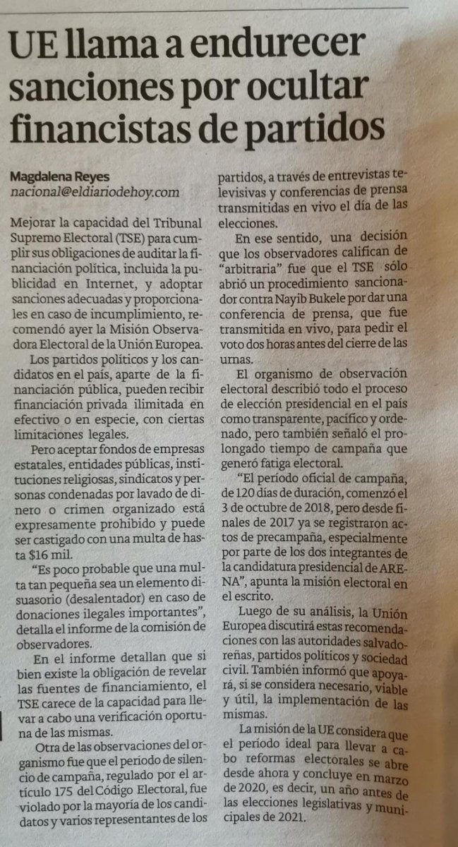 moeueSV19's tweet photo. “UE llama a endurecer sanciones por ocultar financistas de partidos” reseña @elsalvadorcom en su edición impresa de este martes. La MOE UE presentó ayer el informe final de su trabajo de observación durante ocho semanas en el país. https://t.co/BJA6GQpsV1