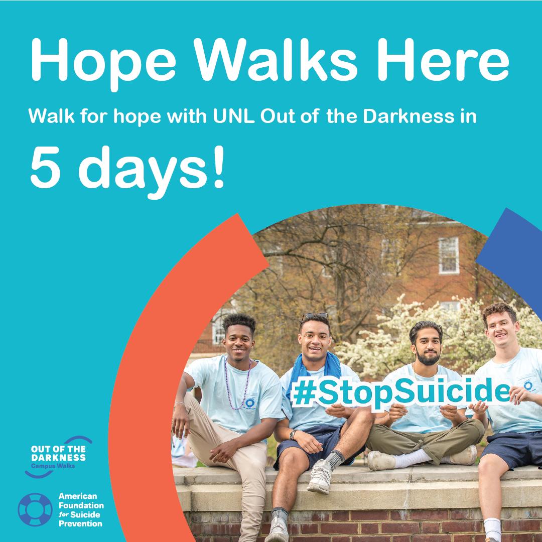 UNLootd's tweet photo. Five days left until we walk with the @UNLincoln community to bring hope and #stopsuicide. We hope to see you there!

Register online or make a donation at https://t.co/ikFpKDhhhp! ✨ #HopeWalksHereUNL #mentalhealth #UNL @AFSPNebraska https://t.co/KJprmAme68