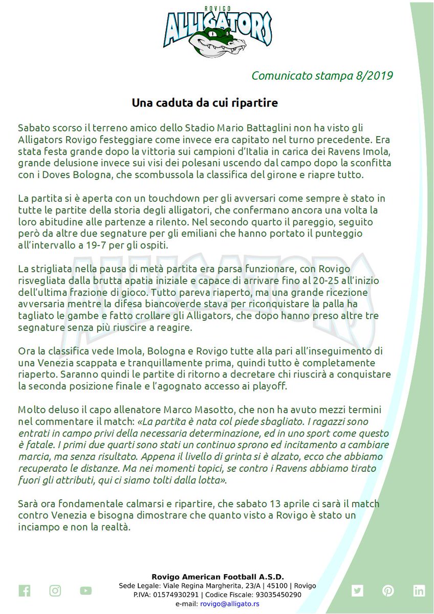 AlligatorsRo's tweet photo. Per gli #AlligatorsRovigo la partita di sabato con i #DovesBologna, la terza della loro #stagione2019 del #CampionatoItaliano di #FootballAmericano di #IIIdivisione, รจ stata una caduta da cui รจ necessario ripartire.
#FIDAF #CIF9 #FootballA9 #Rovigo #Polesine #Veneto https://t.co/7qijALcxkV