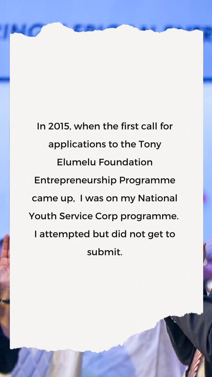 TonyElumeluFDN's tweet photo. After years of applying, this entrepreneur got selected in 2019!
It’s a thread.
#TEFselection #TEF2019 #TEFtestimonials #TEF https://t.co/khJXbGmwNH