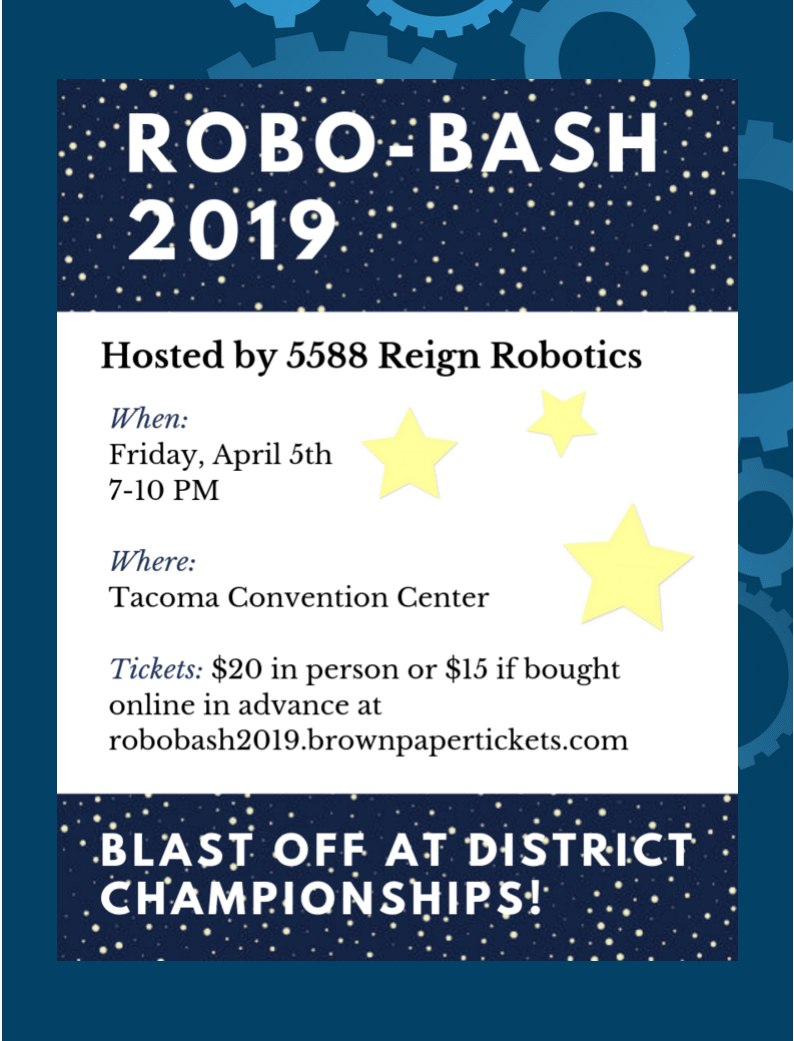first_wa's tweet photo. Attend the 2019 Robo-Bash graciously hosted by @frc5588 Reign Robotics! Enjoy the biggest FRC party at the PNW District Championship in Tacoma this Friday! https://t.co/ZL4kLJBLDo