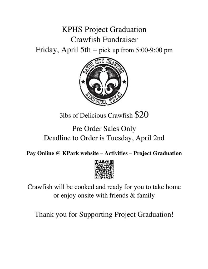 KParkProjGrad's tweet photo. 🚨Today’s the deadline to purchase Crawfish Boil Tickets🚨Pick up 🦐 Friday 5-9 @kphsasbc @theatrekphs @kphs2019 @kphs_2020 @KparkStuco @KParkSilvies @KPHSBand https://t.co/DKAcPltb51