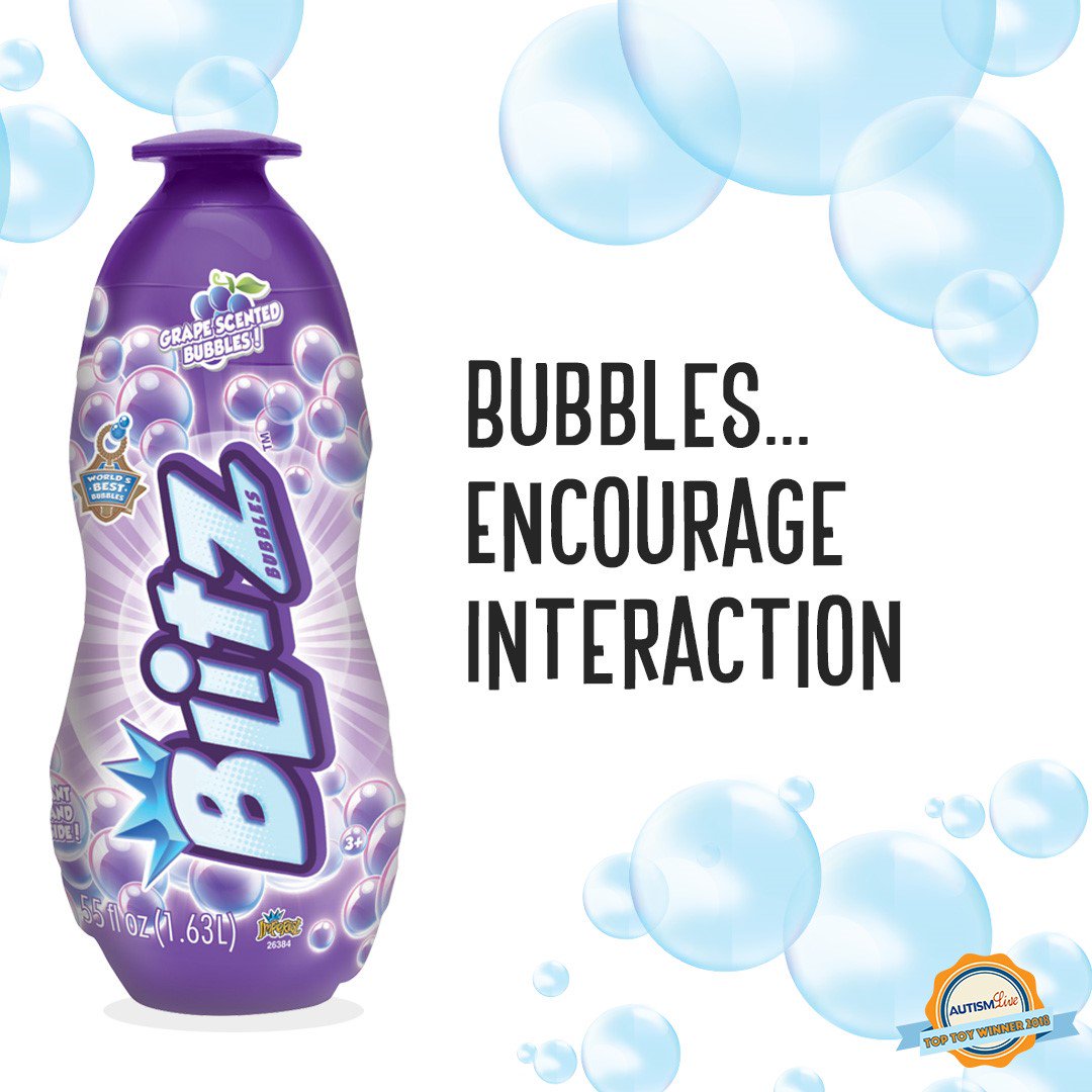 Blowing bubbles encourages interaction, focus, eye mobility,
flexibility and the opportunity to learn to send verbal and nonverbal messages about the bubbles. #WorldAutismAwarenessDay #autismlive #blitzbubbles #imperialtoy