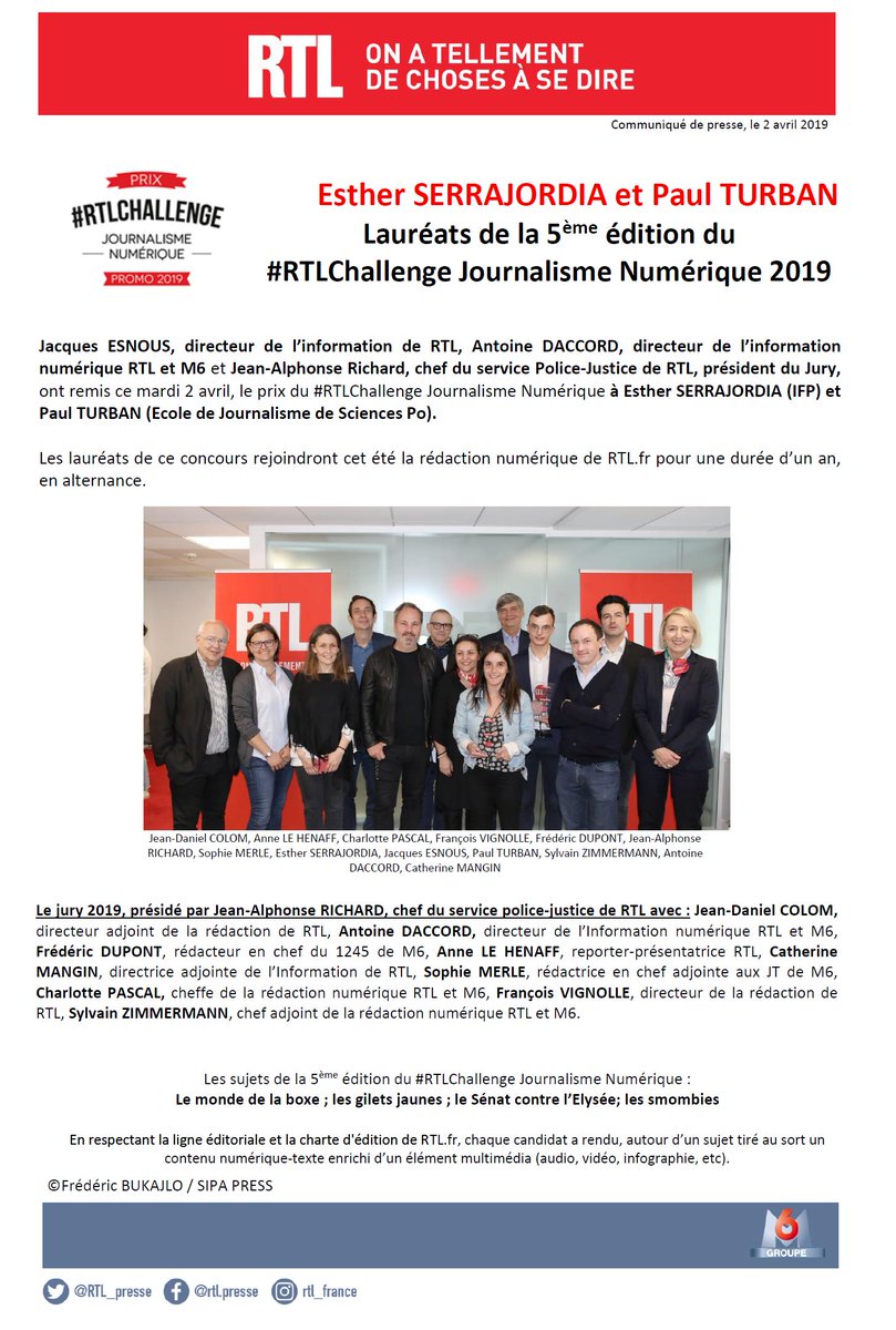 RTL_presse's tweet photo. Félicitations à @Esthersjordia et @PaulTurban2 Lauréats de la 5ème édition du #RTLChallenge Journalisme Numérique 2019 📻🏆 Ils rejoindront cet été la rédaction numérique de https://t.co/QFQVR7JixJ en alternance #rtl #concours https://t.co/eyqHjU3In3