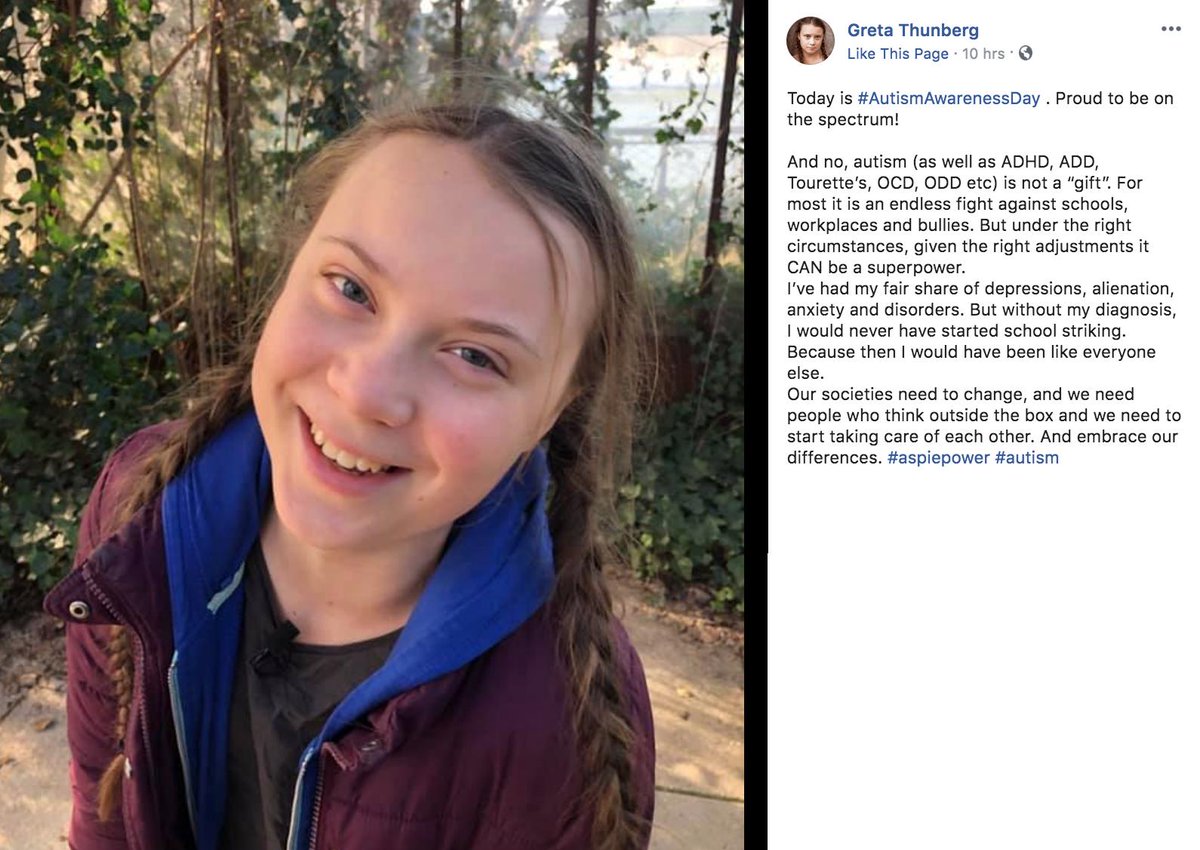 "Proud to be on the spectrum!"

Nobel Peace Prize nominated teenage climate change activist Greta Thunberg shared this inspiring message for #WorldAutismAwarenessDay: