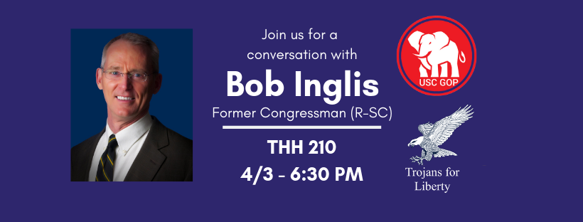USCTFL's tweet photo. Come meet former Congressman Bob Inglis (R-SC) tomorrow from 6:30-7:30 PM in THH 210! https://t.co/xl5g4BZqtC https://t.co/mtCEp1MpJs