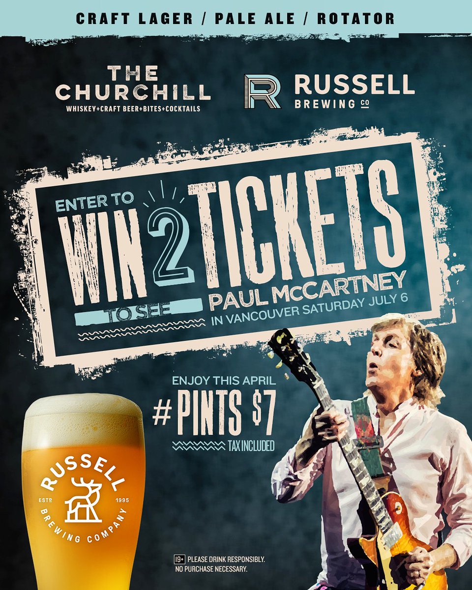 Waited till the second to let you know about our April giveaway, because it ain't no joke! All month long Russell Brewing pints are $7.00/tax inc. Each pint gets you entered in to win two tickets to see <a href="/paulmccartney/">Paul McCartney</a> in Vancouver! 
#yyj #yyjontap #giveaway #churchillontap