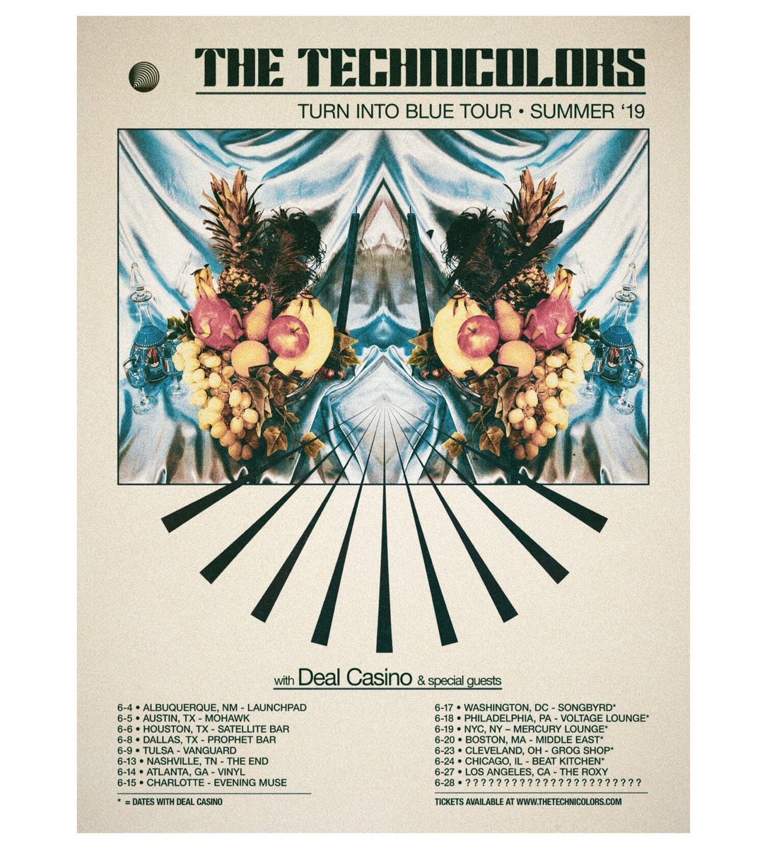 TheTechnicolors's tweet photo. TURN INTO BLUE - SUMMER TOUR '19
Our First Headliner. w/ @dealcasino_ &amp; special guests TBA
TICKETS ON SALE FRIDAY via https://t.co/3ACdbgBeZ0
WHERE 👁 WE 👁 GONNA 👁 SEE 👁 U ❓ https://t.co/F5zS9upqXt
