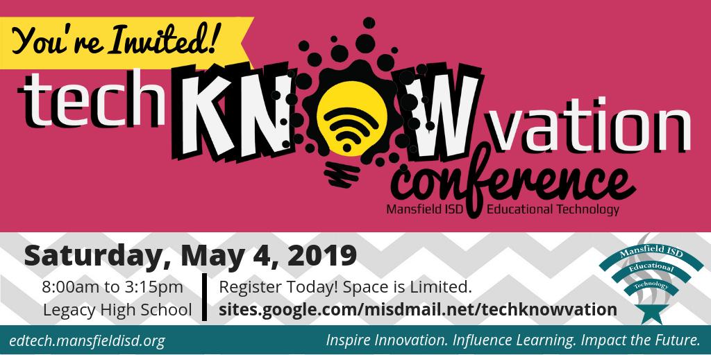 DFW Educators - you're invited to our 3rd annual techKNOWvation Conference on Saturday, May 4️⃣!

Come explore innovative ideas + strategies for technology integration to enhance both teaching + learning!

$10 MISD; $15 non-MISD

Register today ➡ bit.ly/techKNOWvation…