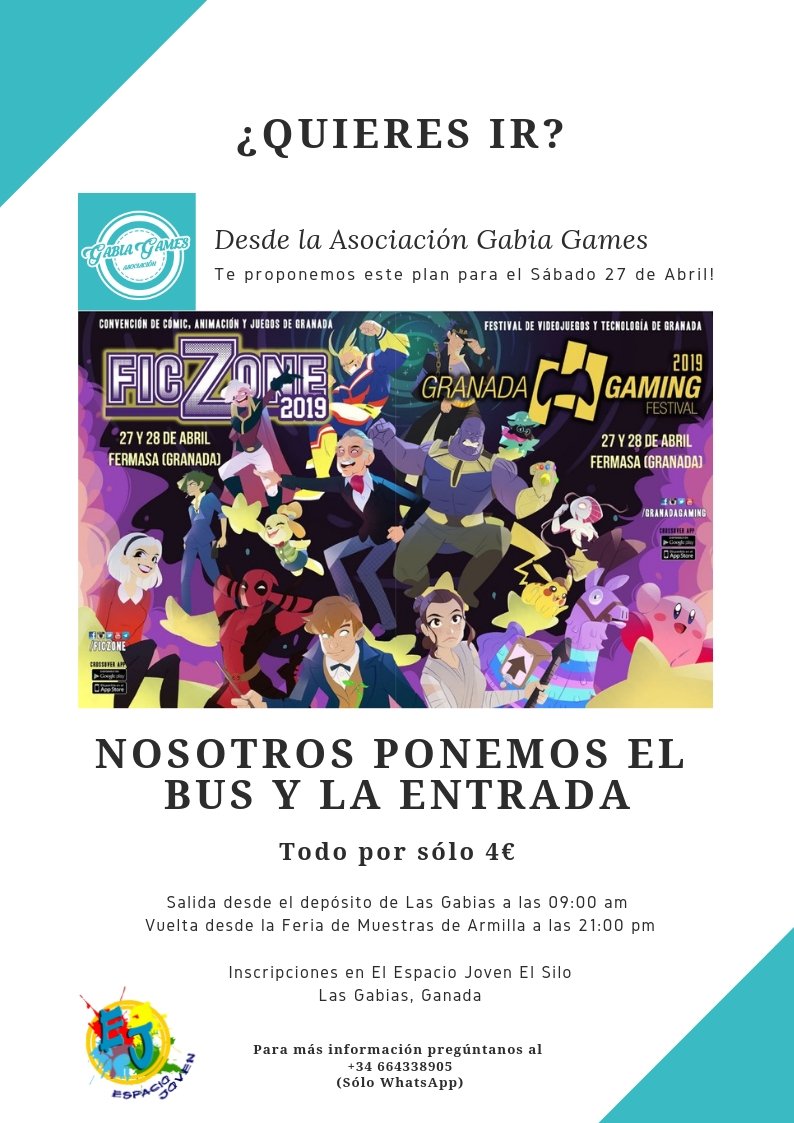 GabiaGames's tweet photo. ¿Queréis ir este 27 de Abril a la #FicZone de Granada, pero no tenéis cómo ir y volver del recinto?
Desde la Asociación @GabiaGames te proponemos lo siguiente... 😎 https://t.co/oPrXTrgLek