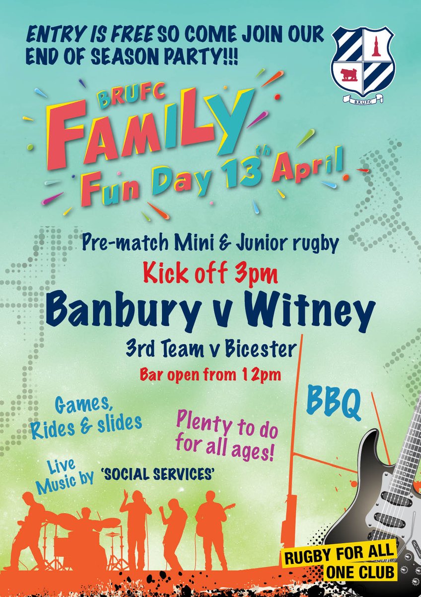 BanburyRUFC's tweet photo. Join us for our end of season Family Day. Banbury Bulls take on Witney in the final league game of the season and everyone is invited!

We’ve got:
-Games, rides and slides. 🎪
-Big BBQ and refreshments, Bar open from 12pm. 🍔🌭🍻🍦
-Post-match live music from The Social Services. https://t.co/yC6zY7oUn7