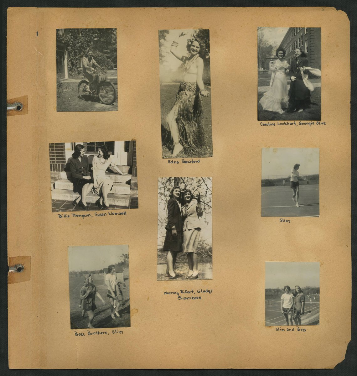 UNCGArchives's tweet image. The #art of friendship, fashion, and fun, captured in Jane Brady Daniel's scrapbook from 1948. It may be wishful thinking considering April snow in N.C., but we love the grass skirt outfit in the center! Visit go.uncg.edu/daniel to view Jane's scrapbook! #SpringhasNOTsprung
