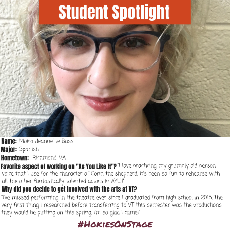 VTsopa's tweet photo. #studentspotlight Meet Moira and make your plans to see her in "As You Like It," which opens April 23rd! Tickets are on sale now! #HokiesOnStage #AsYouLikeIt
Buy your tickets at the link below:
https://t.co/lzcdEDSkNE
#Hokies #VirginiaTech #vtmagazine #hokiepets #hokielove https://t.co/R2AEdlAuZK