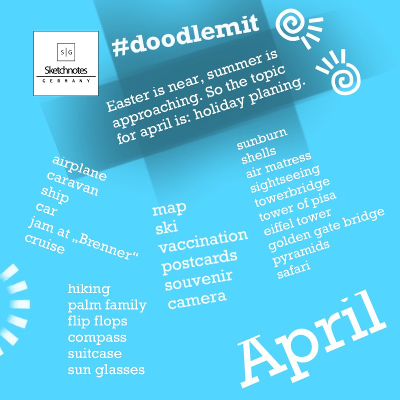 dieHauteCulture's tweet photo. Here we go again, Ladies and Gents: the monthly #challenge for #practice in #visualization. Feel free to choose from the proposed terms, show also #bulletjournals for planing a trip or #travelsketches 
Please tag your doodles with #doodlemit and/or #sketchnotesgermany https://t.co/R1Xw9eyeGb