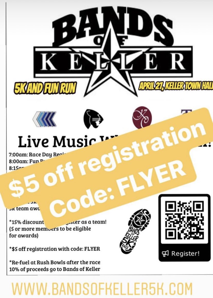 KC_Band's tweet photo. Still time to register for Bands of Keller 5K! $5 off registration with code: FLYER or support the KCHS Band at https://t.co/POEtVCNVns if you can’t run the race or out of town! @bandsofkeller5k @KellerCentralHS @KISDFineArts @KellerISD https://t.co/Z3Xd8gpSDb