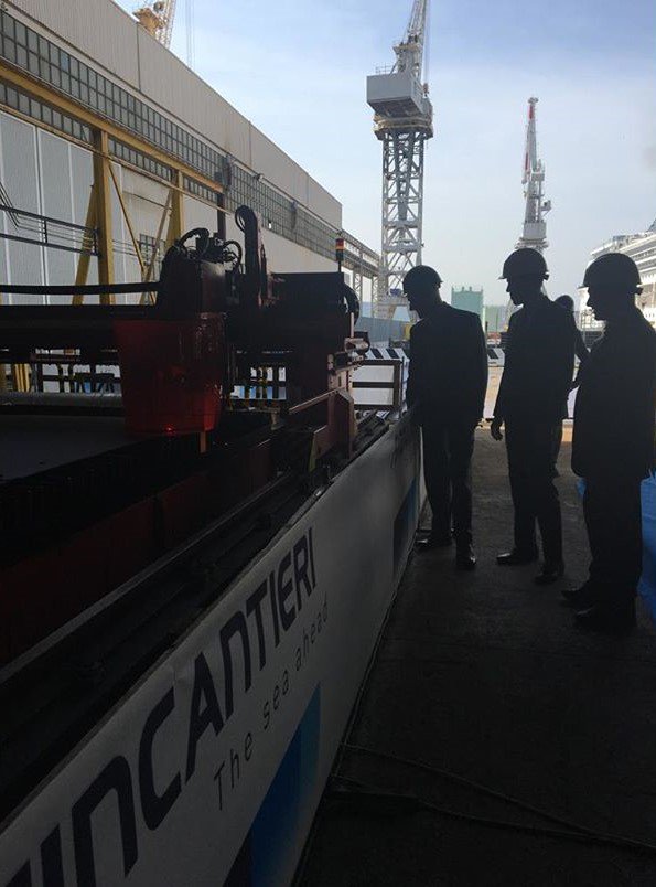WindstarCruises's tweet photo. The most complex and comprehensive small ship lengthening, engine replacement, and renovation project in the cruise industry has started today with the steel cutting ceremony for our three ships. The ceremony took place at Fincantieri shipyard “Arsenale Triestino San Marco.” https://t.co/akhP2xbNMm